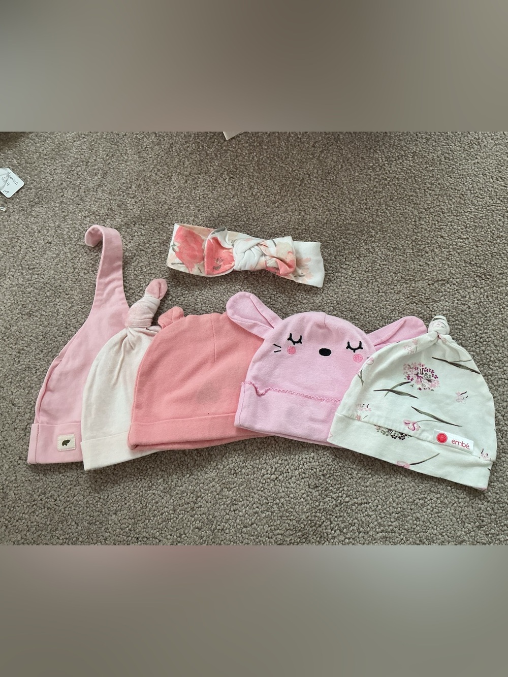 BUNDLE OF “5” BEANIE HATS AND 1 HEADBAND - SIZE 0-3 MONTHS